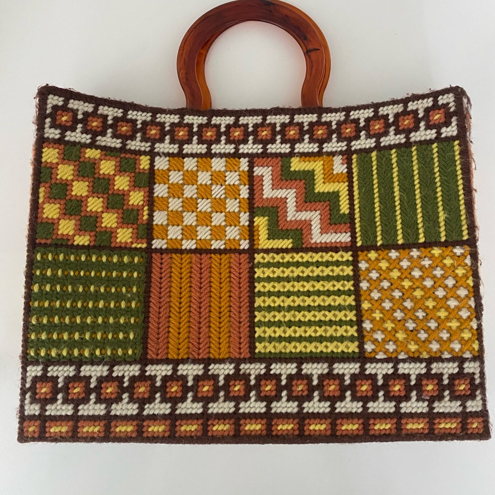 Vintage Rare Design Handmade Needle Point Purse Green, Mustard, Brown Patchwork